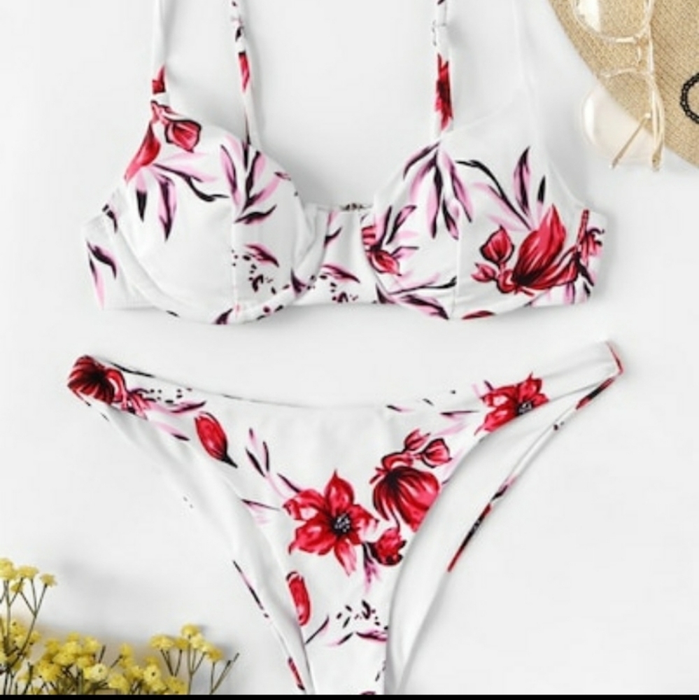 Red, pink, & white Floral Bikini